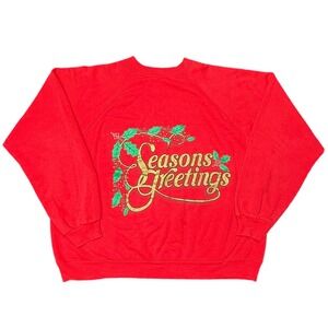 Vintage Hanes‎ Seasons Greetings Red Graphic Sweatshirt XL USA Made